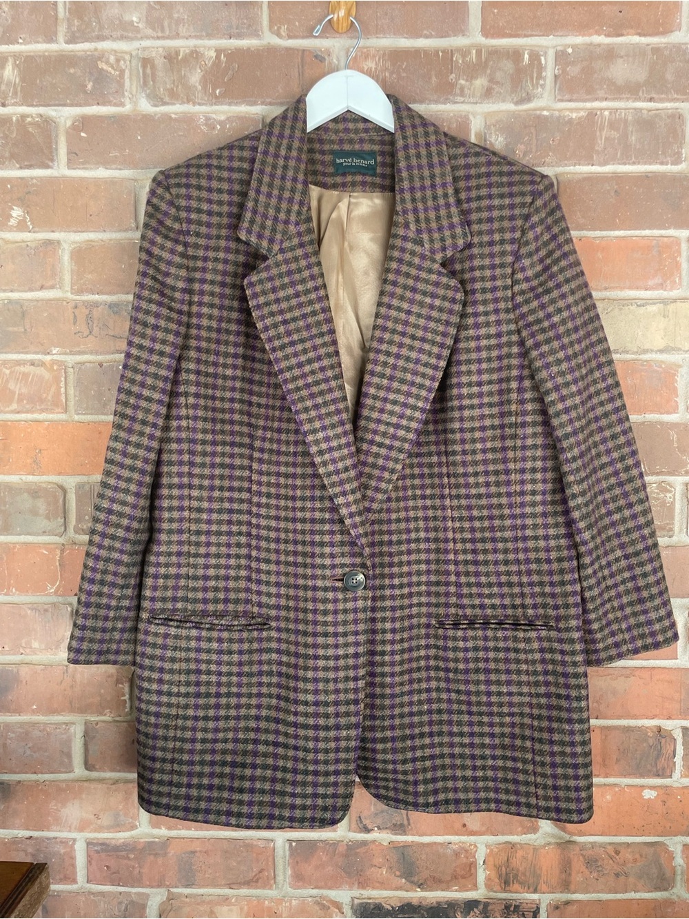 Harve Benard Purple & Brown Plaid 100% Wool Blazer Jacket Large #261